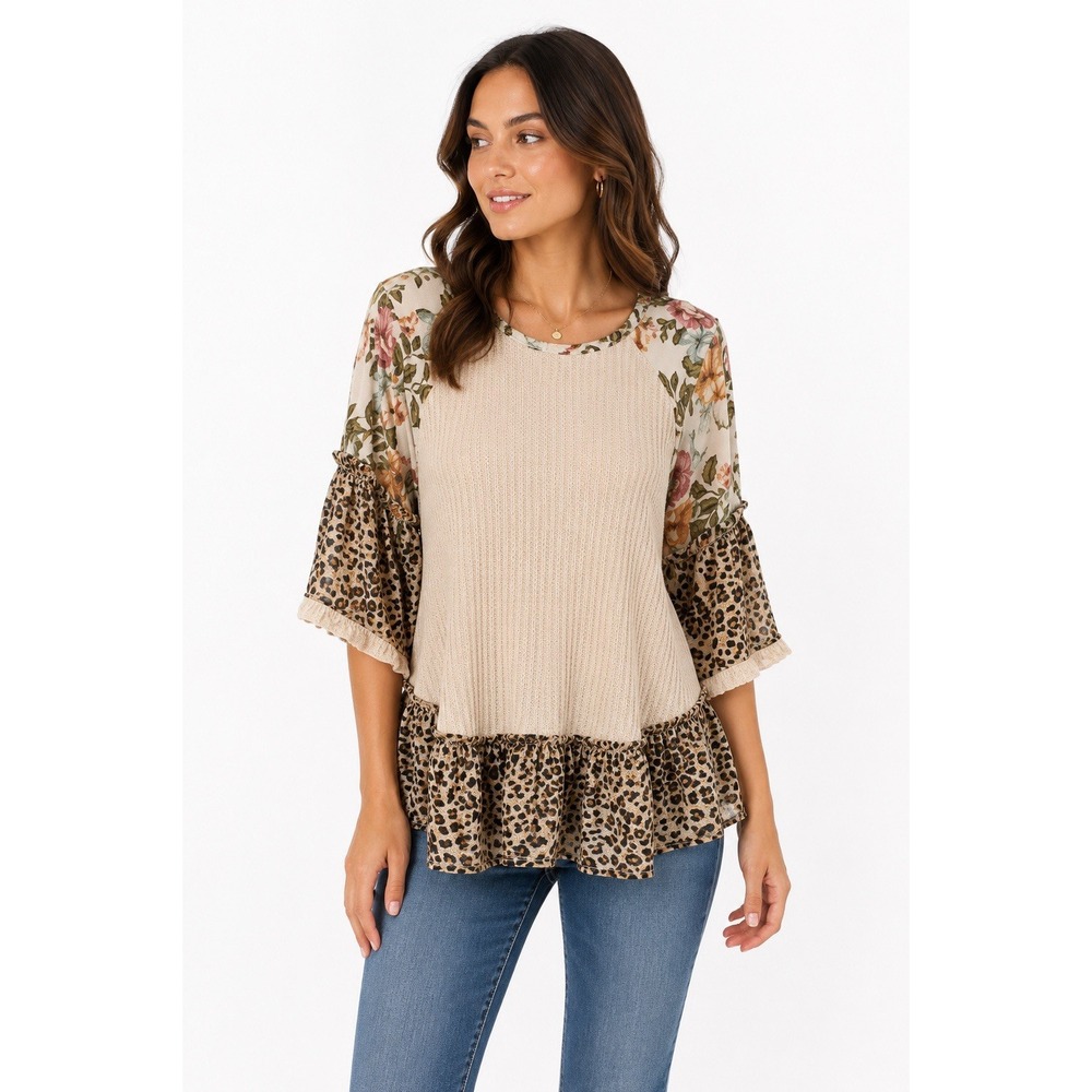 Umgee Tan Ruffle Top Small Short Sleeve Boho Festival Romantic Flowy